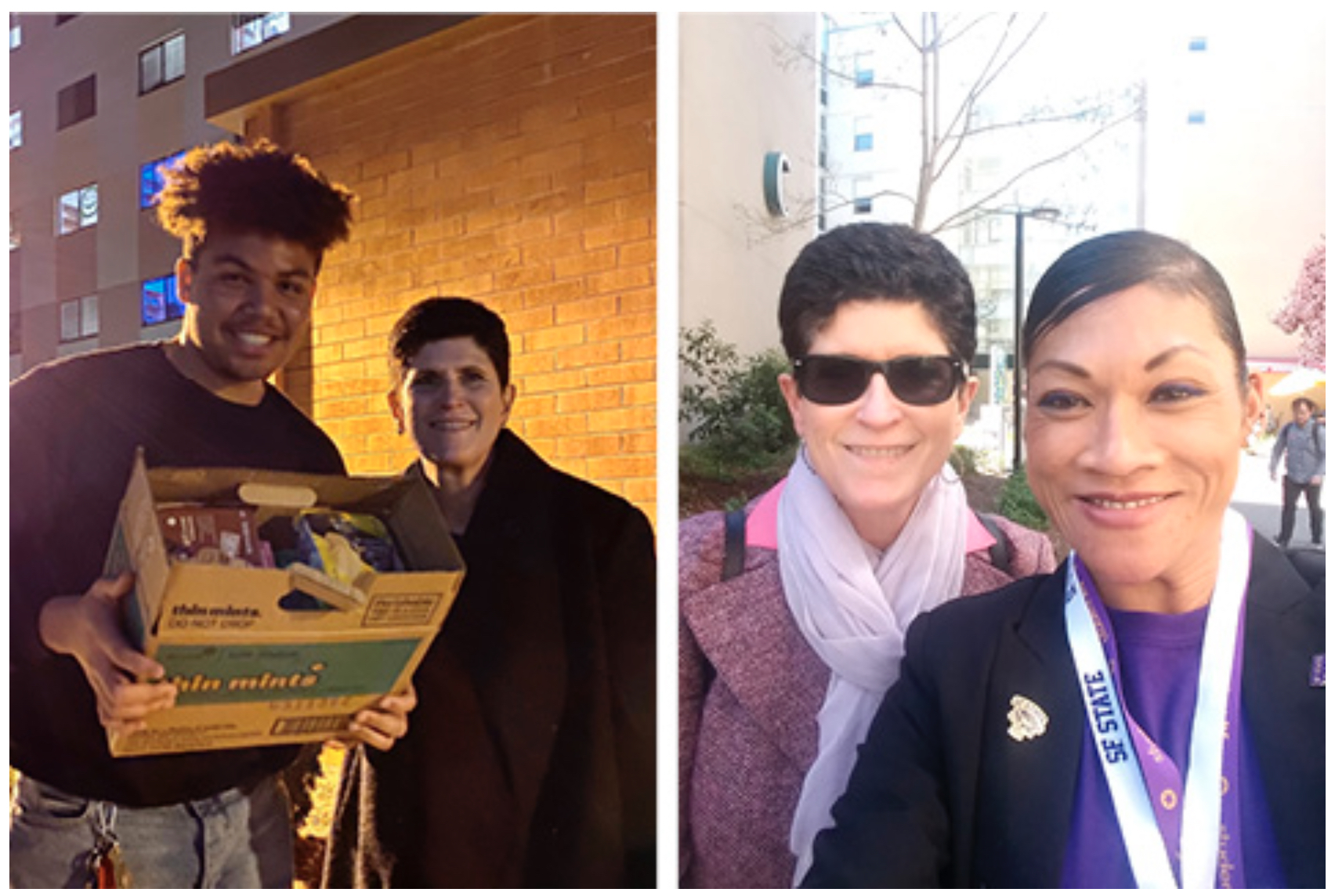 Two photos depicting President Mahoney with Miguel and Juthaporn earlier this semester and before physical distancing